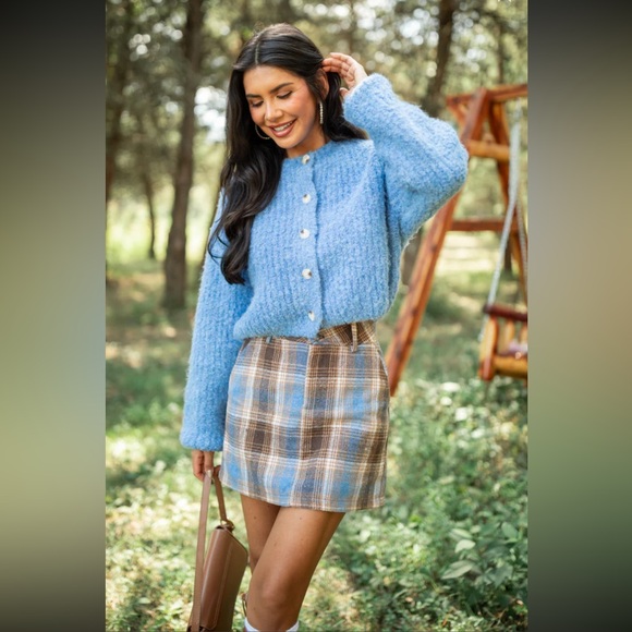 Pink Lily Tops - Taye Blue Cropped Boucle Cardigan